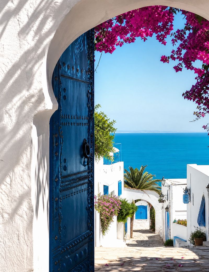 Porte bleue sous une arche blanche fleurie, vue sur la Méditerranée en Tunisie