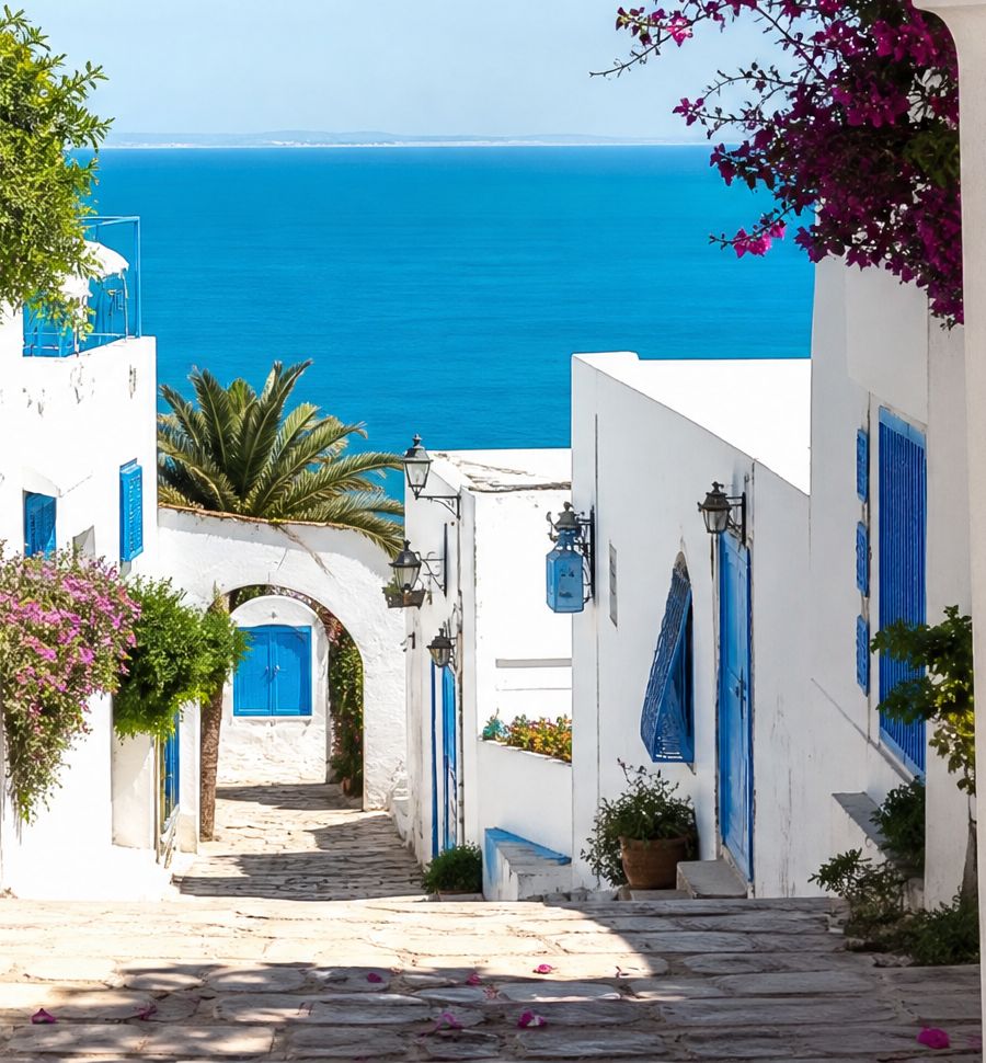 Ruelle blanche et bleue avec vue sur la Méditerranée, Tunisie