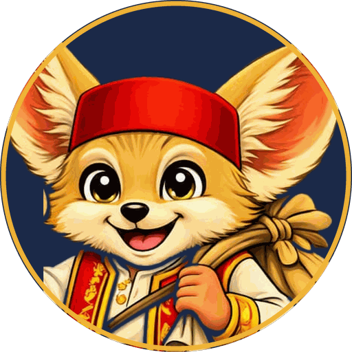 Fennouk, le petit fennec mascotte de Golden Palm’s Holidays, coiffé d'une chéchia rouge, souriant, un baluchon sur l'épaule