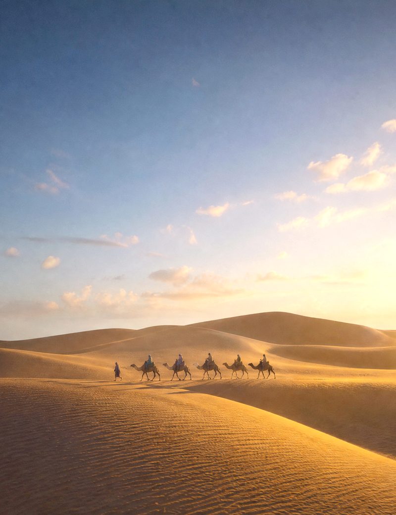Caravane de dromadaires dans les dunes du Sahara tunisien