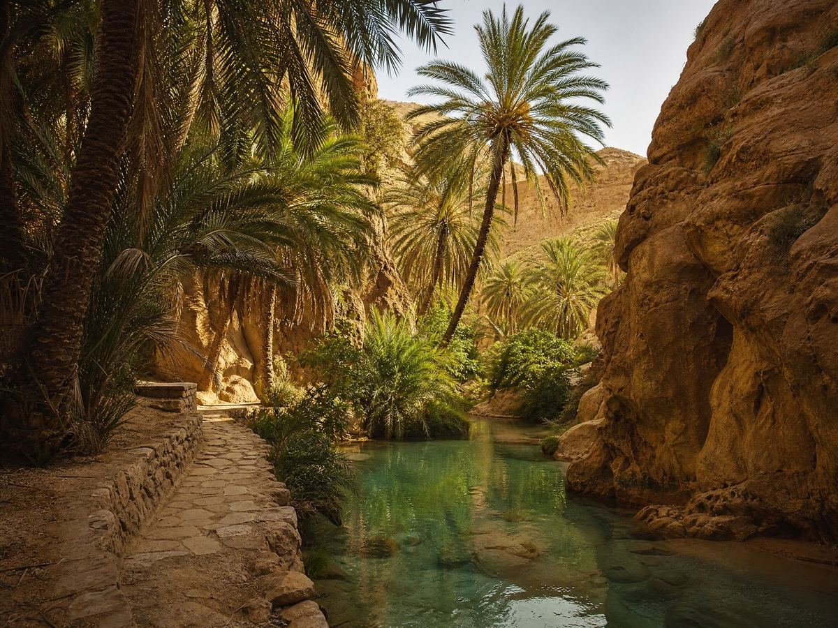 Oasis de montagne du Sud tunisien : palmiers, gorge et bassin d'eau