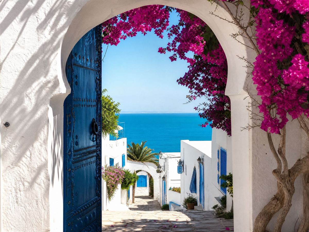 Porte bleue et bougainvilliers dans un village blanc et bleu de la côte tunisienne